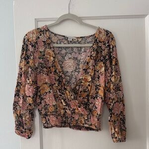 Floral V-Neck Blouse - Gold, Pink and Black